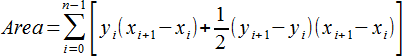 sigma i from 0 To n-1, or {yi(xi+1 - xi) + (1/2)(yi+1 - yi)(xi+1 - xi)}